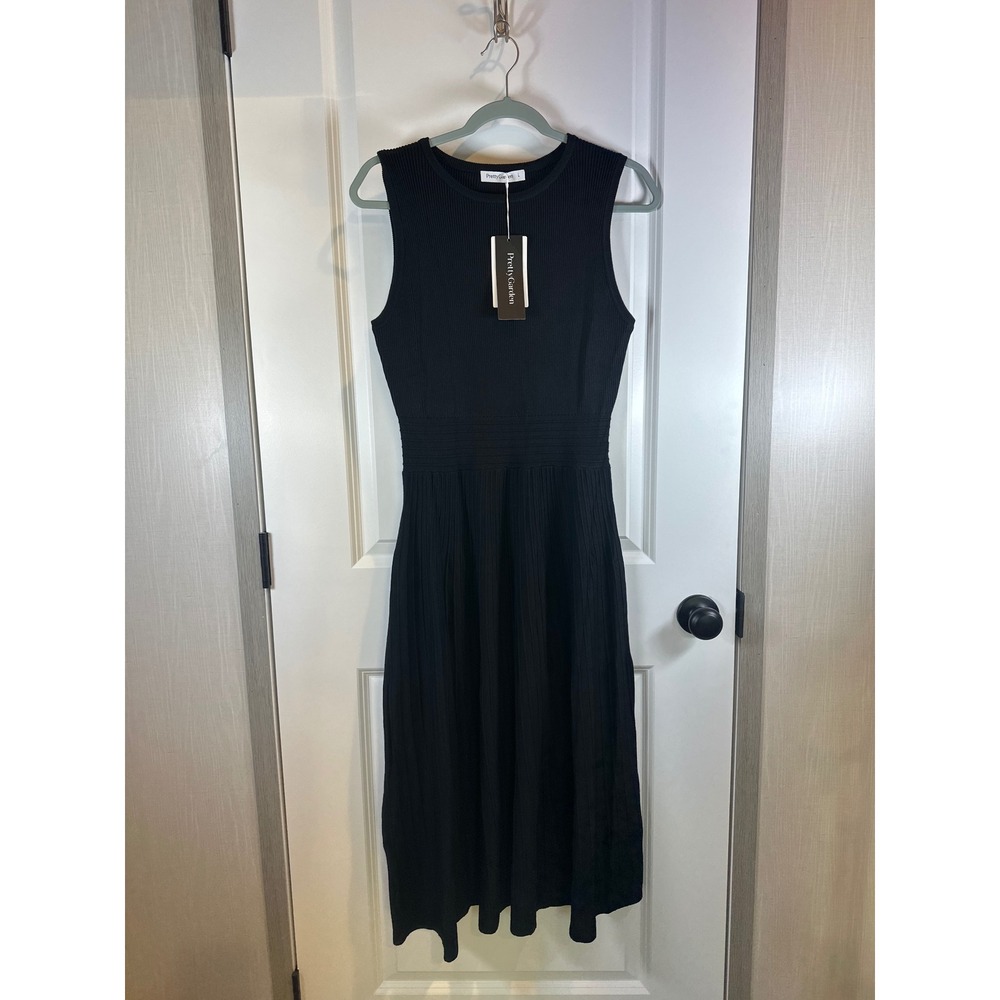 PrettyGarden Black Ribbed Knit Sleeveless Midi Tank Dress Womens Size Large